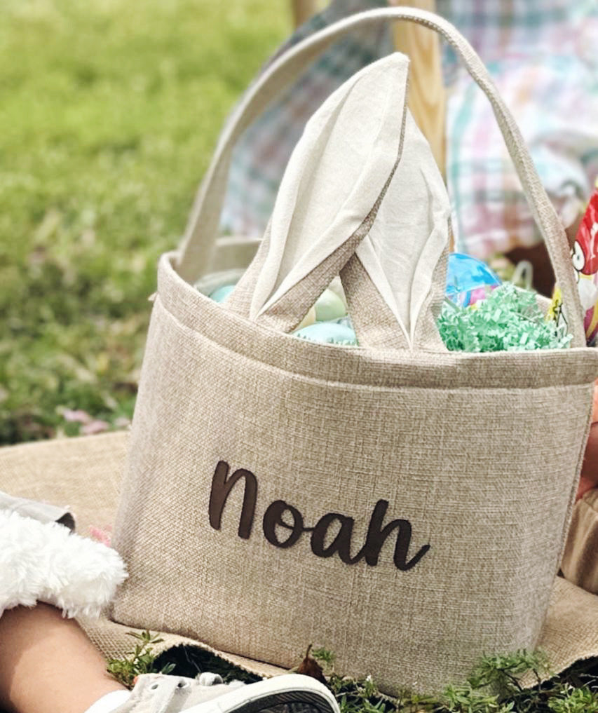 Neutral Burlap Easter Basket with Bunny Ears and Tail - Add Your Name / Perfect for Any Easter Celebrations, Kids Easter Basket Ideas