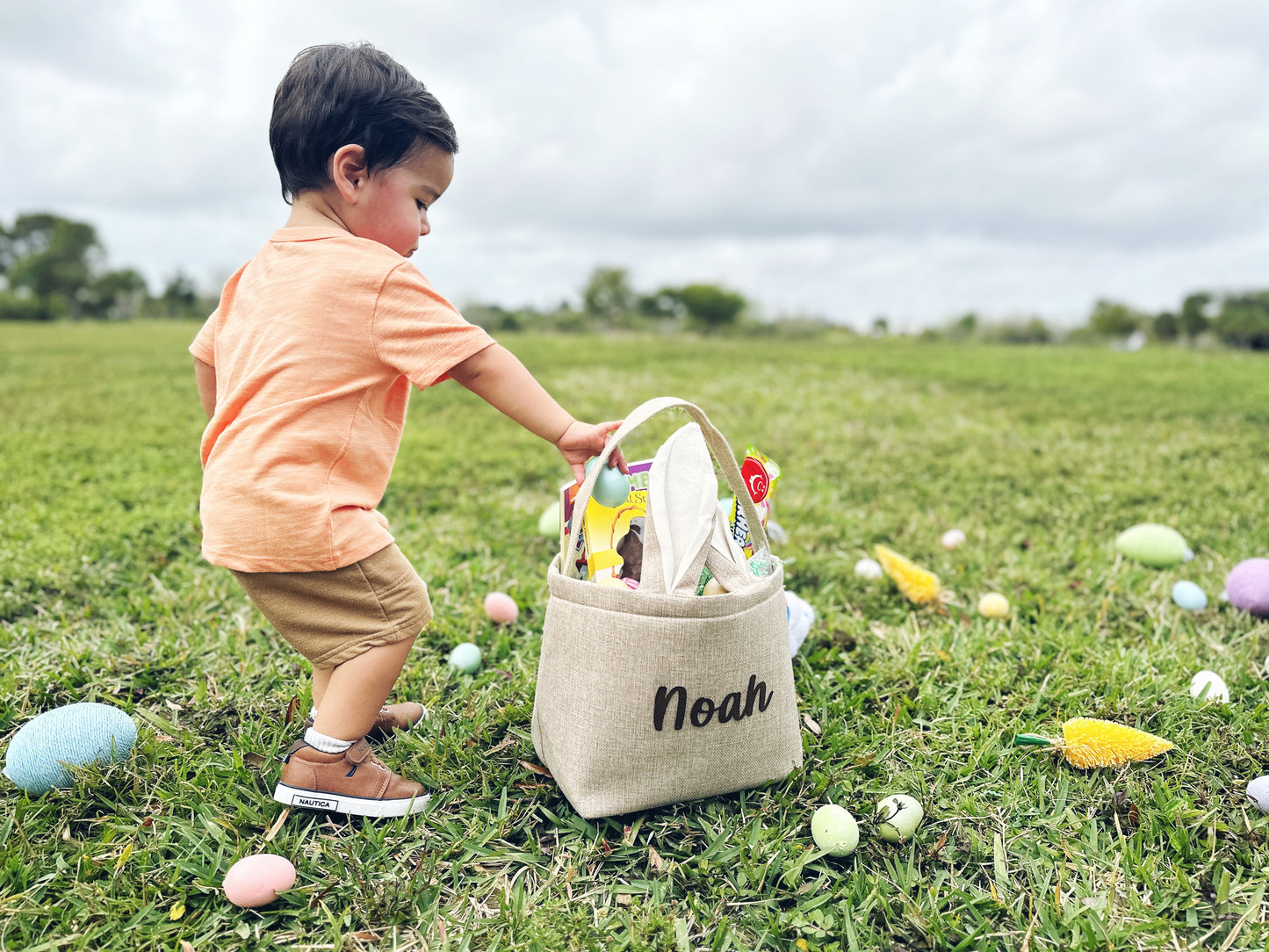 Neutral Burlap Easter Basket with Bunny Ears and Tail - Add Your Name / Perfect for Any Easter Celebrations, Kids Easter Basket Ideas, Easter Bunny Egg / Baby Boy Collecting Easter Eggs with his cute easter basket